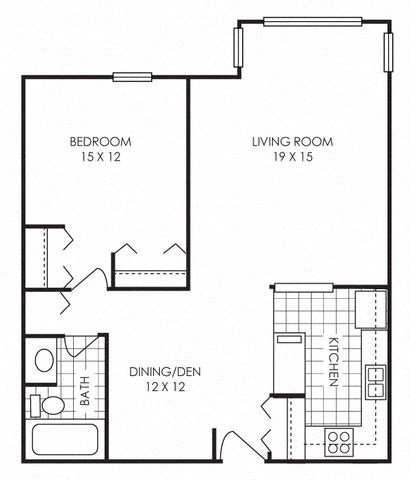 Floor plan for 1 bed, 1 bath, 800 sqft