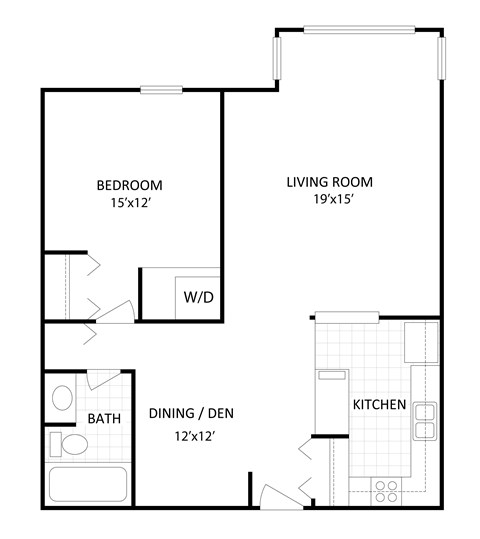 Floor plan for 1 bed, 1 bath, 800 sqft