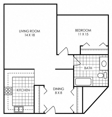 Floor plan for 1 bed, 1 bath, 750 sqft