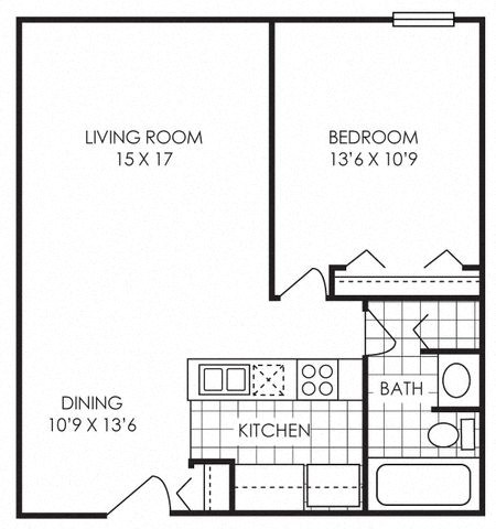 Floor plan for 1 bed, 1 bath, 750 sqft