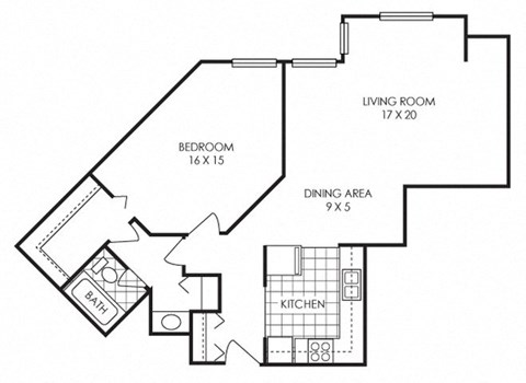 Floor plan for 1 bed, 1 bath, 930 sqft