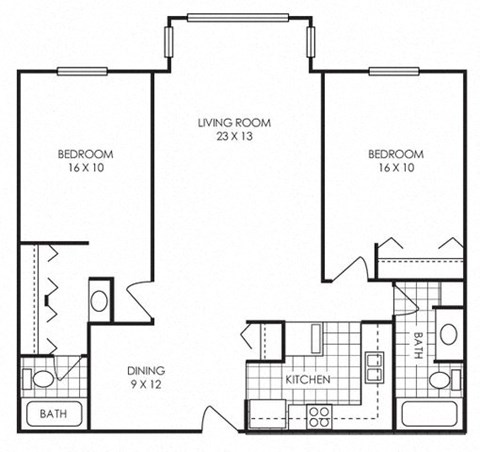Floor plan for 2 beds, 2 baths, 1100 sqft