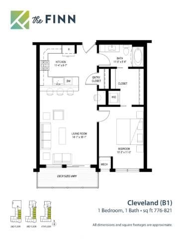 Floor plan for 1 bed, 1 bath, 819 sqft