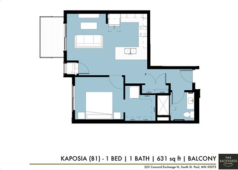 Floor plan for 1 bed, 1 bath, 631 sqft