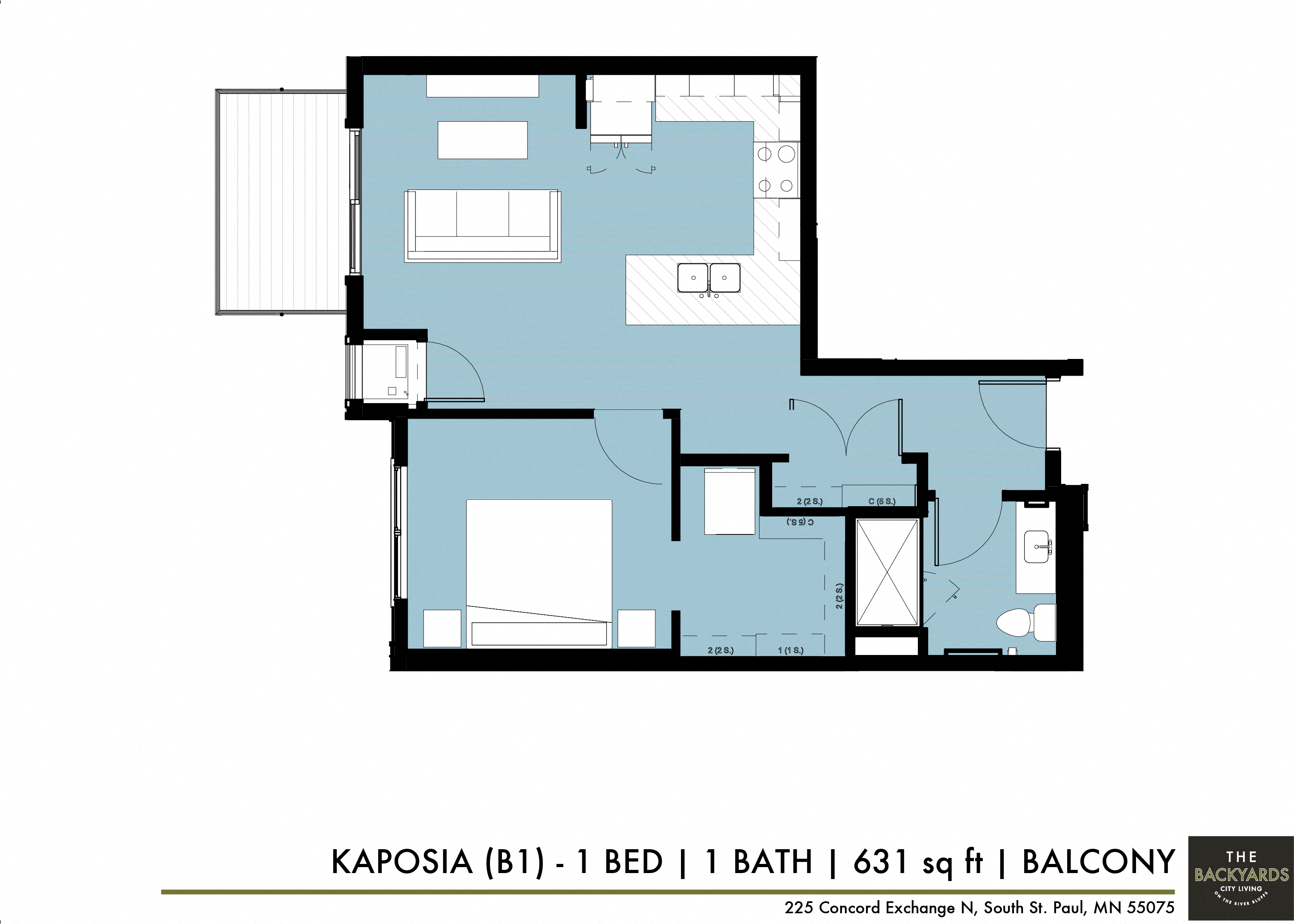 Floor plan for 1 bed, 1 bath, 631 sqft