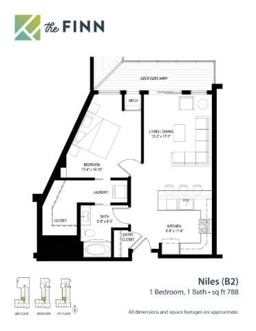 Floor plan for 1 bed, 1 bath, 789 sqft