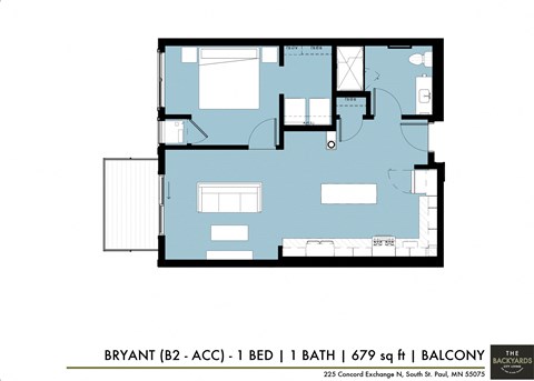 Floor plan for 1 bed, 1 bath, 679 sqft