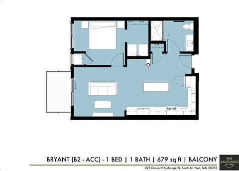 Floor plan for 1 bed, 1 bath, 679 sqft