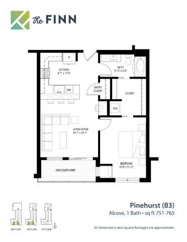 Floor plan for 1 bed, 1 bath, 757 sqft
