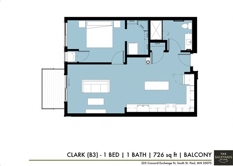 Floor plan for 1 bed, 1 bath, 726 sqft