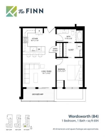 Floor plan for 1 bed, 1 bath, 694 sqft