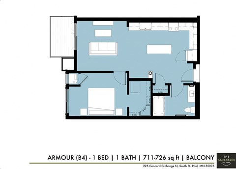 Floor plan for 1 bed, 1 bath, 711 sqft