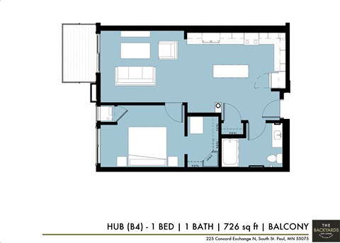 Floor plan for 1 bed, 1 bath, 726 sqft