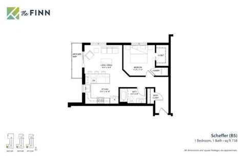 Floor plan for 1 bed, 1 bath, 738 sqft