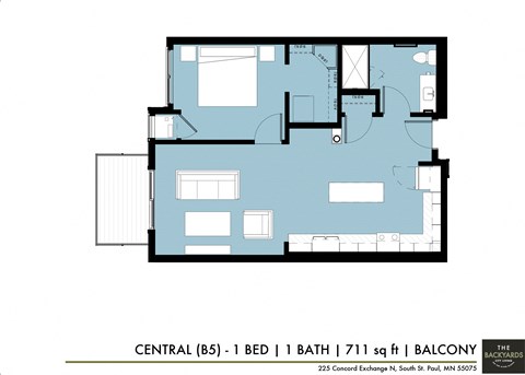 Floor plan for 1 bed, 1 bath, 711 sqft