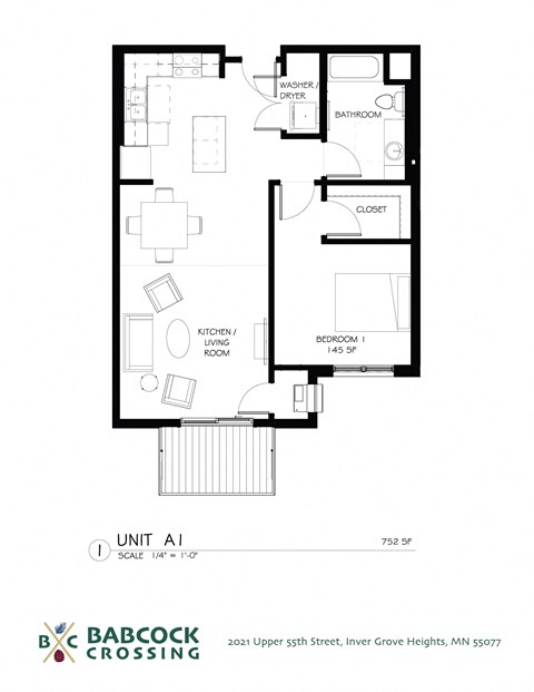 Floor plan for 1 bed, 1 bath, 752 sqft
