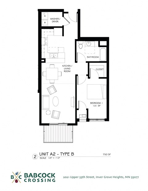 Floor plan for 1 bed, 1 bath, 750 sqft