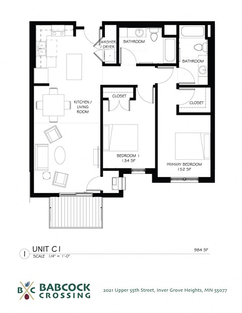 Floor plan for 2 beds, 2 baths, 984 sqft