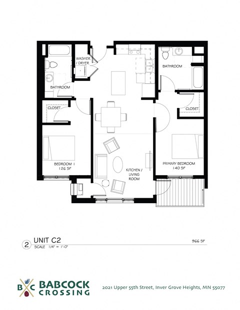 Floor plan for 2 beds, 2 baths, 966 sqft