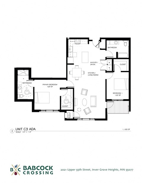 Floor plan for 2 beds, 2 baths, 1183 sqft