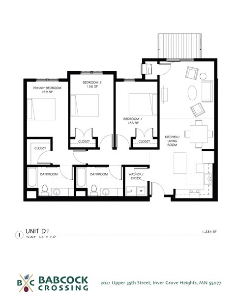 Floor plan for 3 beds, 2 baths, 1234 sqft