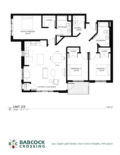 Floor plan for 3 beds, 2 baths, 1289 sqft