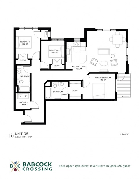 Floor plan for 3 beds, 2 baths, 1289 sqft