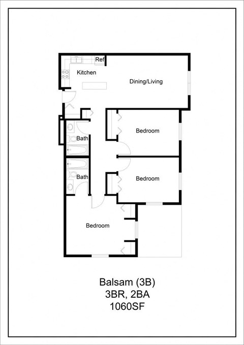 Floor plan for 3 beds, 2 baths, 1060 sqft
