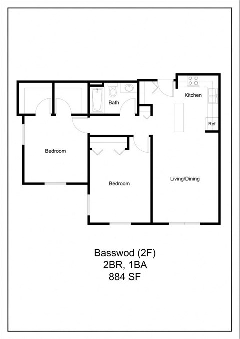 Floor plan for 2 beds, 1 bath, 884 sqft