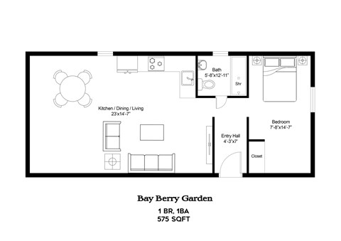 Floor plan for 1 bed, 1 bath, 575 sqft