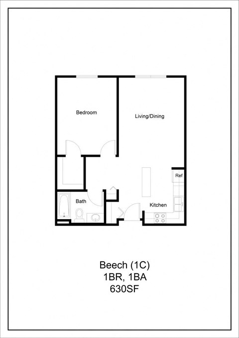 Floor plan for 1 bed, 1 bath, 630 sqft