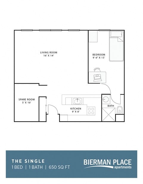 Floor plan for 1 bed, 1 bath, 624 sqft
