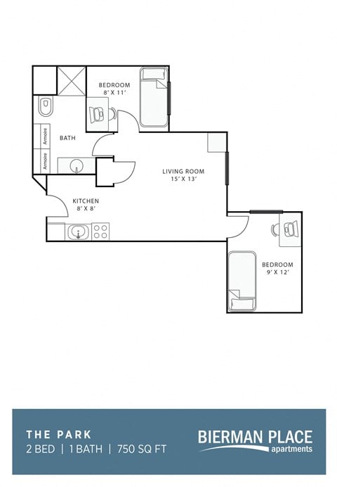 Floor plan for 2 beds, 1 bath, 750 sqft