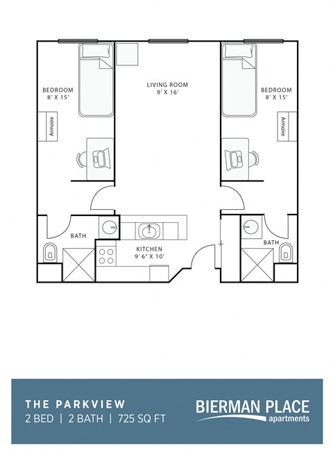 Floor plan for 2 beds, 2 baths, 725 sqft
