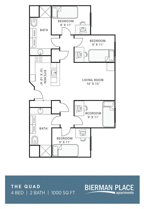 Floor plan for 4 beds, 2 baths