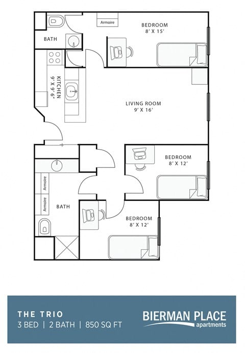 Floor plan for 3 beds, 1.5 baths, 850 sqft