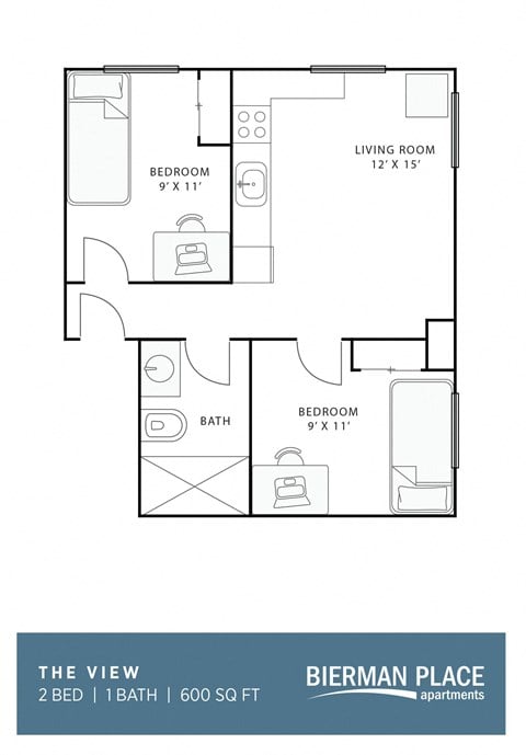 Floor plan for 2 beds, 1 bath, 600 sqft