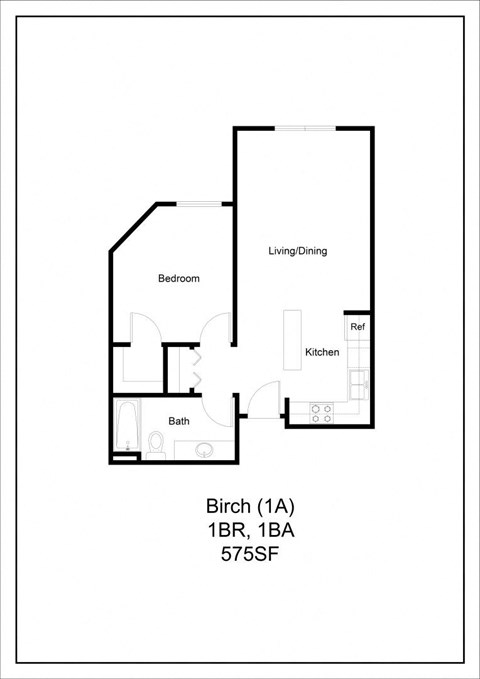 Floor plan for 1 bed, 1 bath, 575 sqft