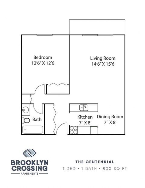 Floor plan for 1 bed, 1 bath, 800 sqft