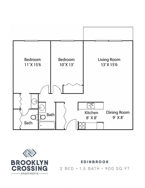 Floor plan for 2 beds, 1.5 baths, 1000 sqft