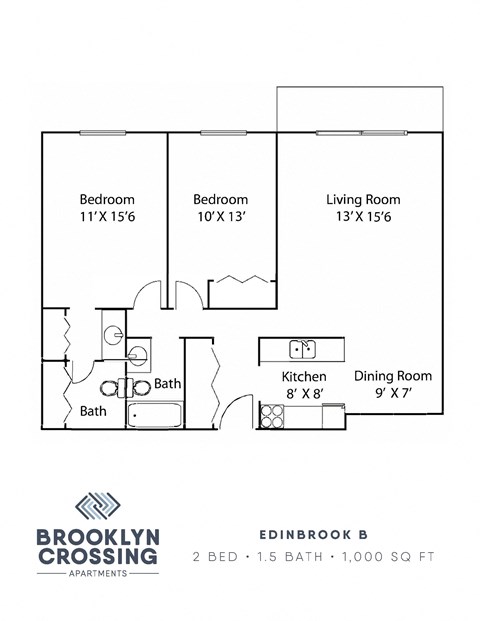 Floor plan for 2 beds, 1.5 baths, 800 sqft