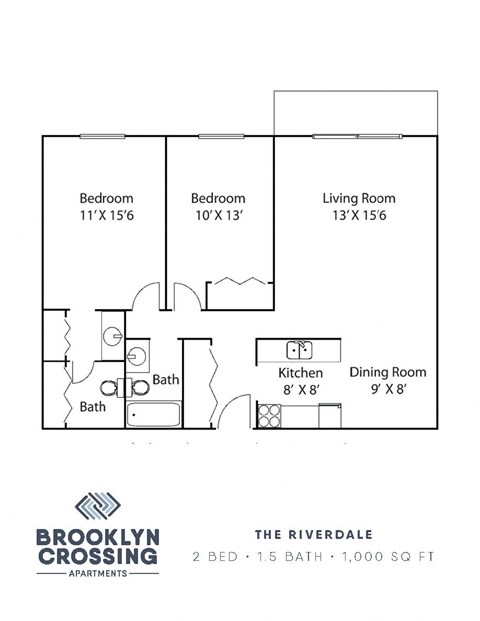 Floor plan for 2 beds, 1.5 baths, 1000 sqft