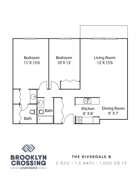 Floor plan for 2 beds, 1.5 baths, 1000 sqft