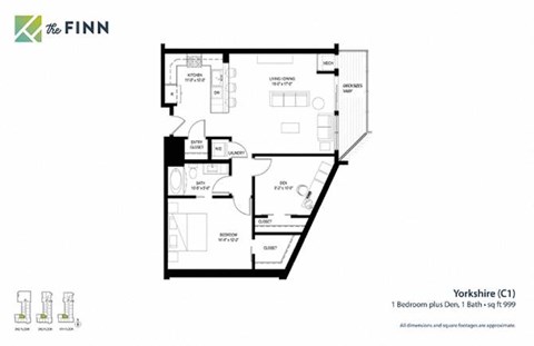 Floor plan for 1 bed, 1 bath, 1001 sqft
