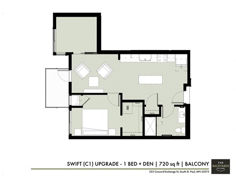 Floor plan for 1 bed, 1 bath, 726 sqft