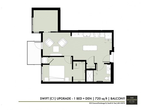 Floor plan for 1 bed, 1 bath, 726 sqft