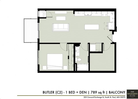 Floor plan for 1 bed, 1 bath, 789 sqft