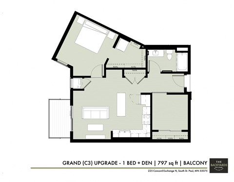 Floor plan for 1 bed, 1 bath, 797 sqft