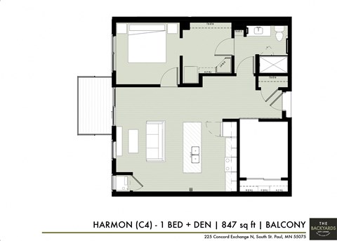 Floor plan for 1 bed, 1 bath, 847 sqft