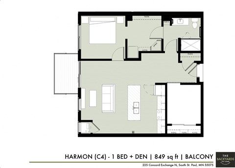 Floor plan for 1 bed, 1 bath, 847 sqft